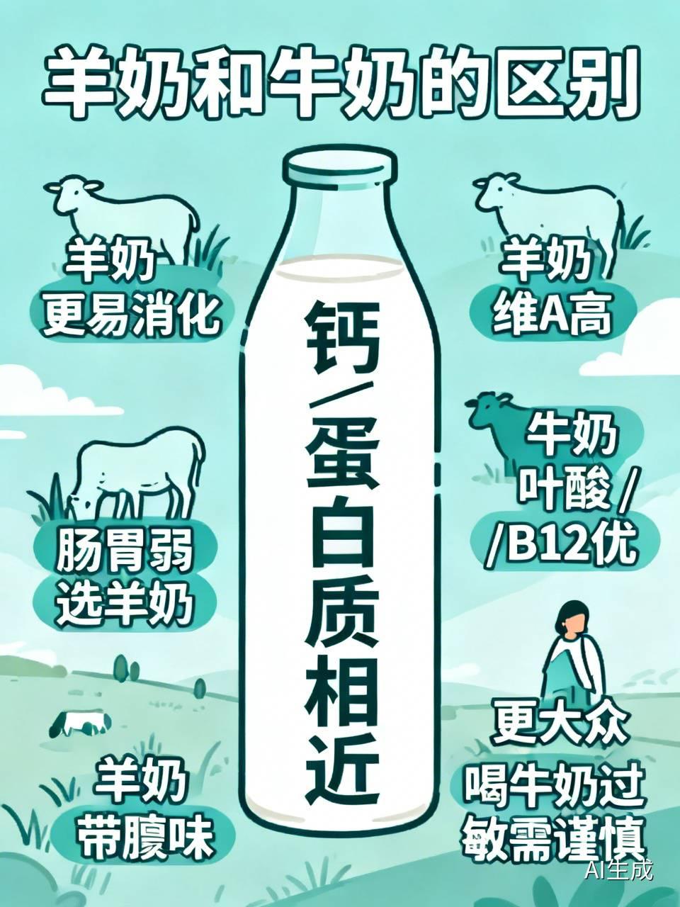 羊奶和牛奶的区别体现在哪?牛奶和羊奶的区别在于：
[微风]羊奶更易于消化。
[微