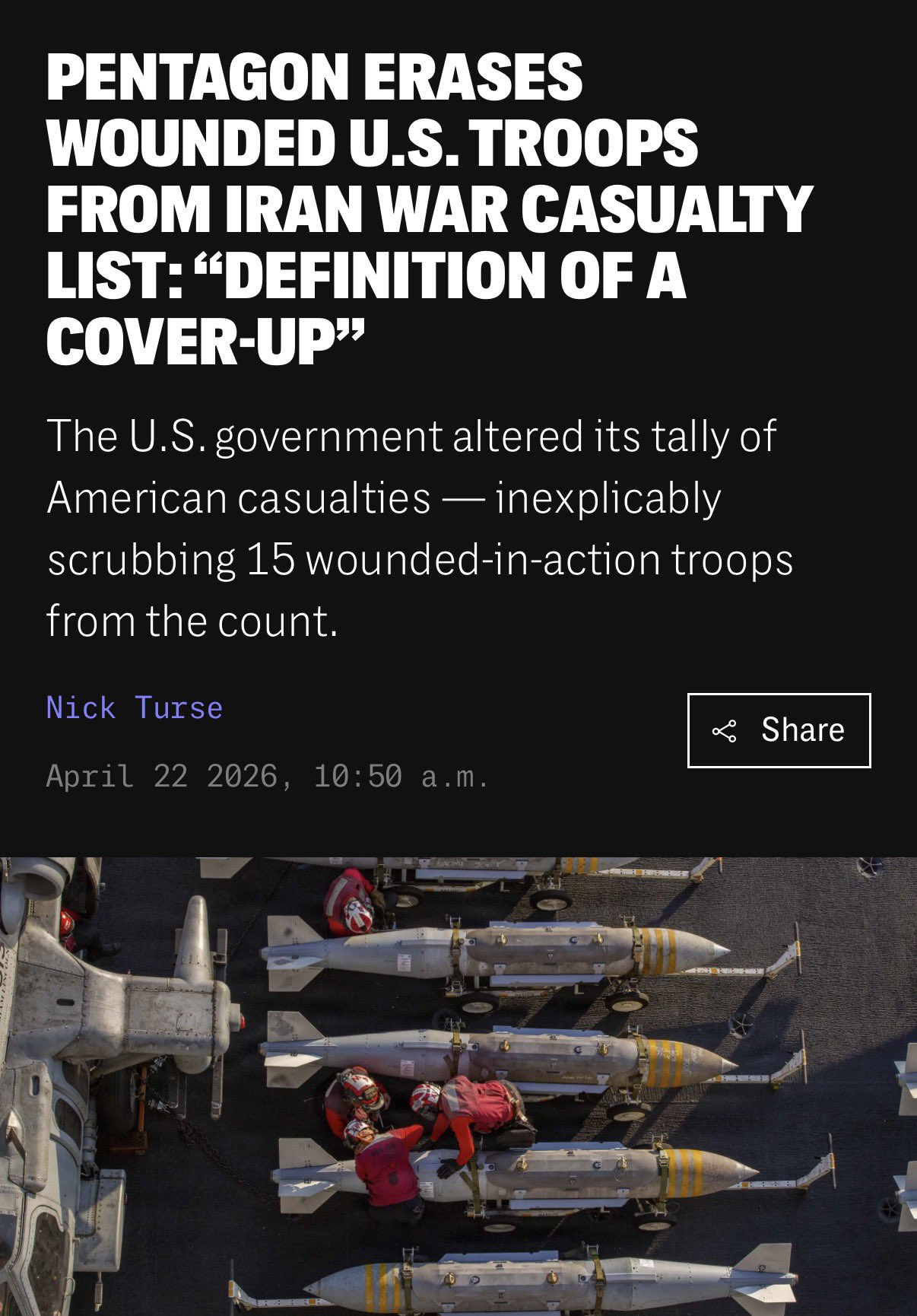 🔻The Intercept ：五角大楼突然将官方伤亡人数减少了 15 名受伤