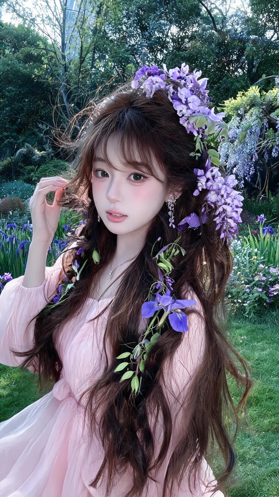 背景充满花草树木草，超清晰画质，妆造精致，饰品精巧，棕色长发上编织许多...