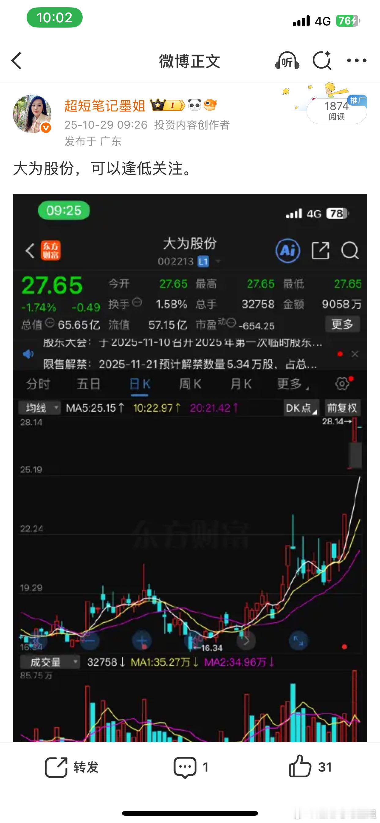 来啦来啦！考考大家的眼光~ 大为股份今日能否冲击涨停板？看好能封板、想蹭好运的，