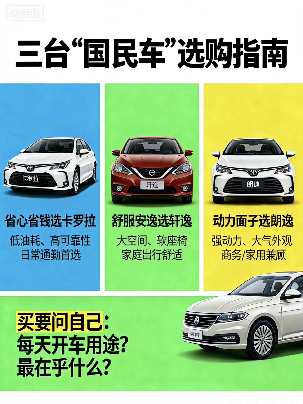 卡罗拉 vs 轩逸 vs 朗逸：家用代步三强怎么选？
买车这事，说白了就是“过日