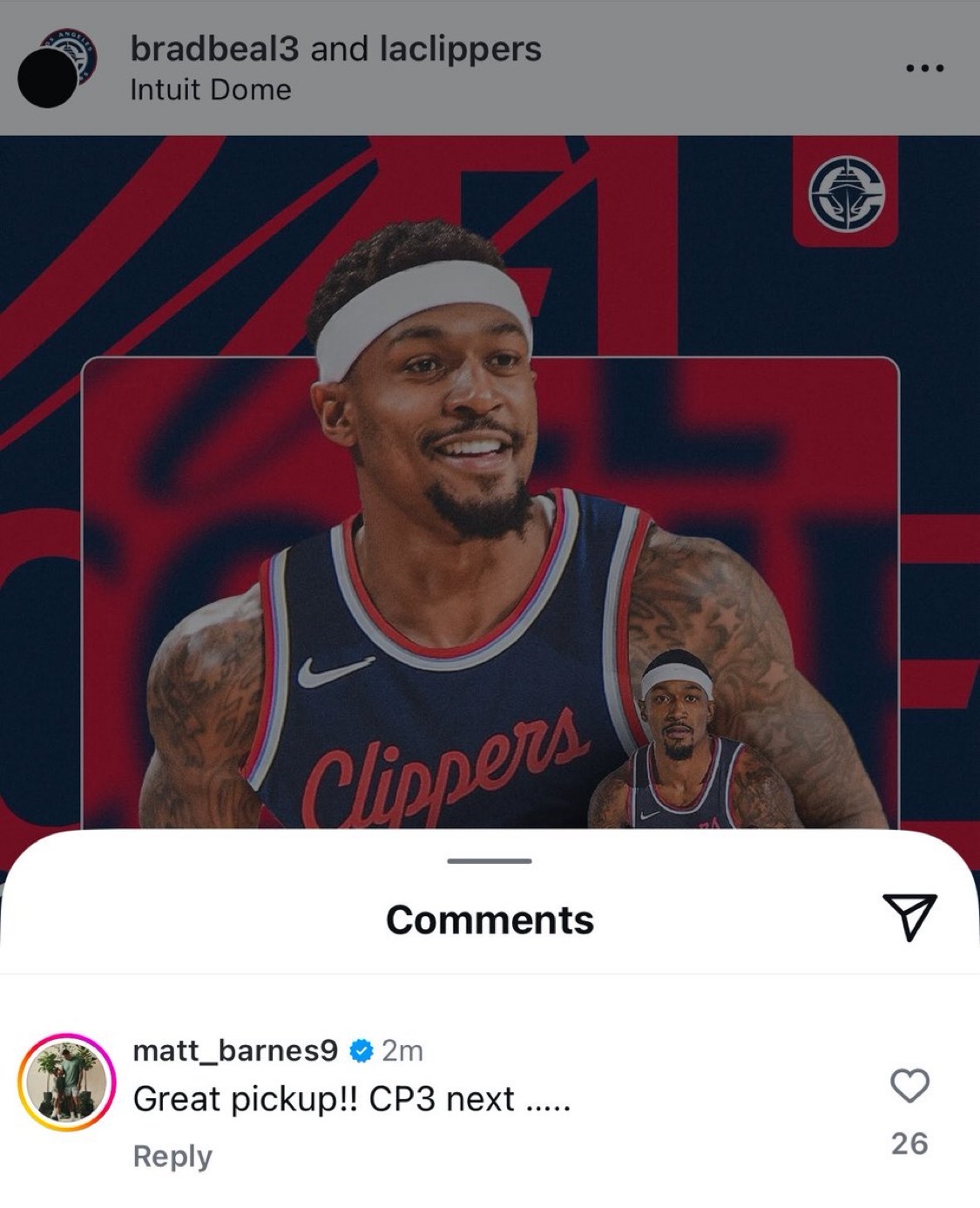 马特巴恩斯在评论区表示，接下来是CP3 ​​​