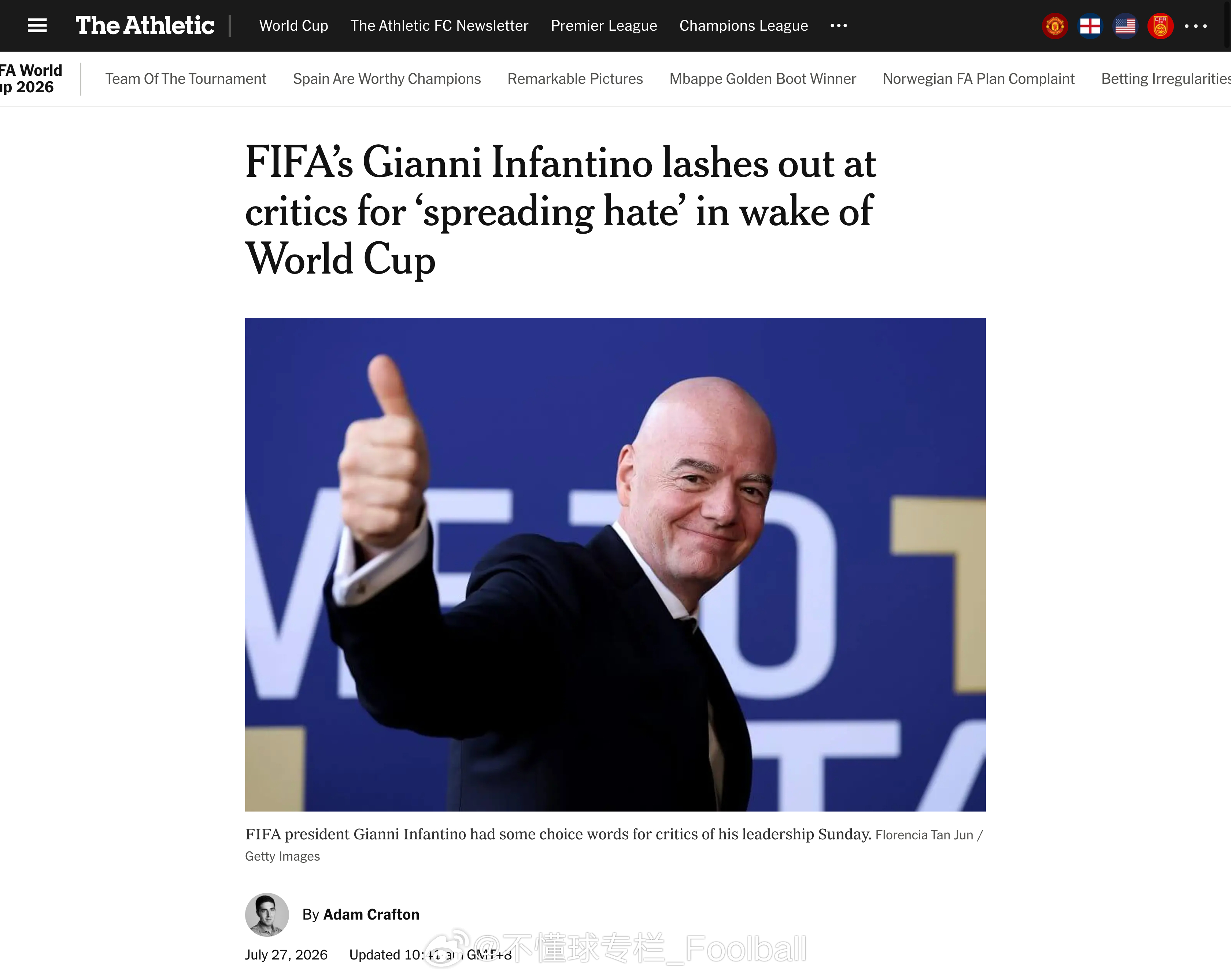 TA Adam Crafton撰文反驳因凡蒂诺的发文：- 因凡蒂诺在世界杯开赛前
