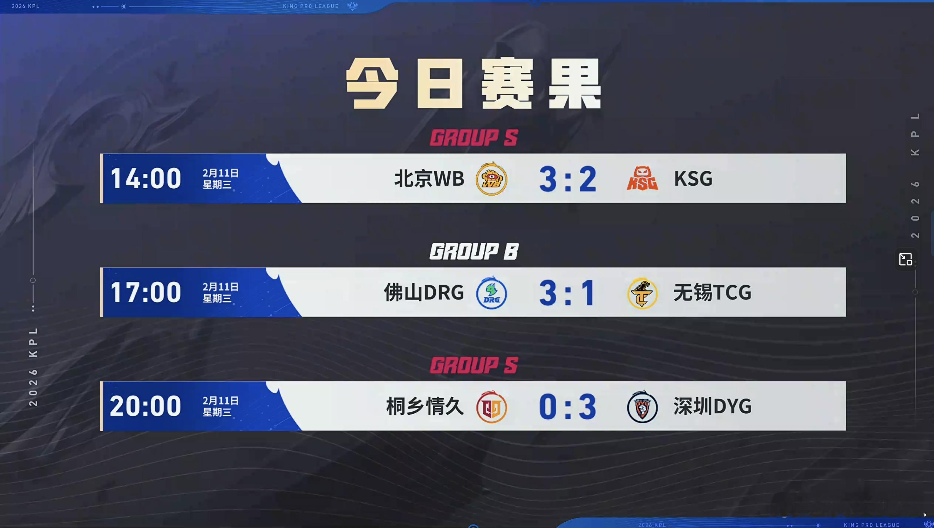 2026KPL春季赛 今日赛果 