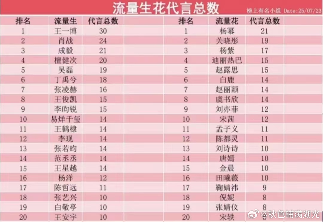 流量生🥜花🌸代言总数🥜代言数量top3：王一博 肖战 成毅🌸代言数量to