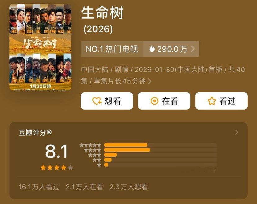 《生命树》豆瓣评分开了8.1分 