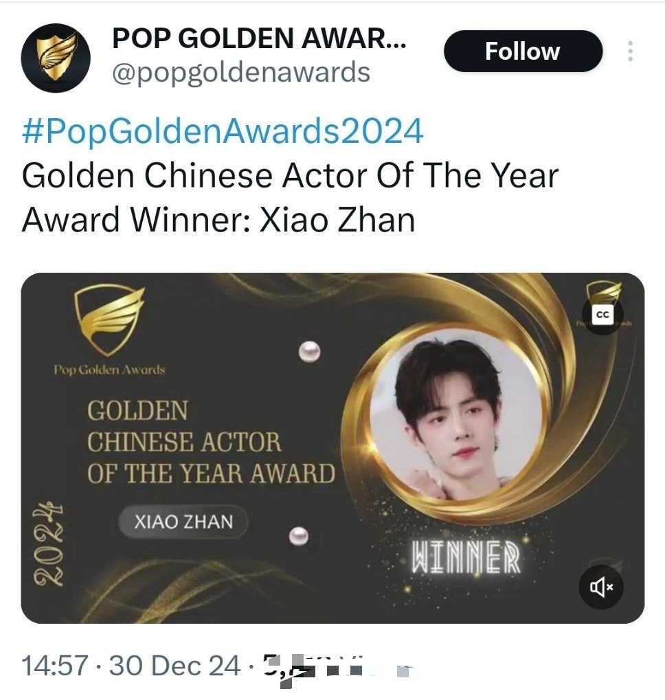 肖战2024年中国年度演员金奖 肖战获得2024年中国年度演员金奖实至名归！他一