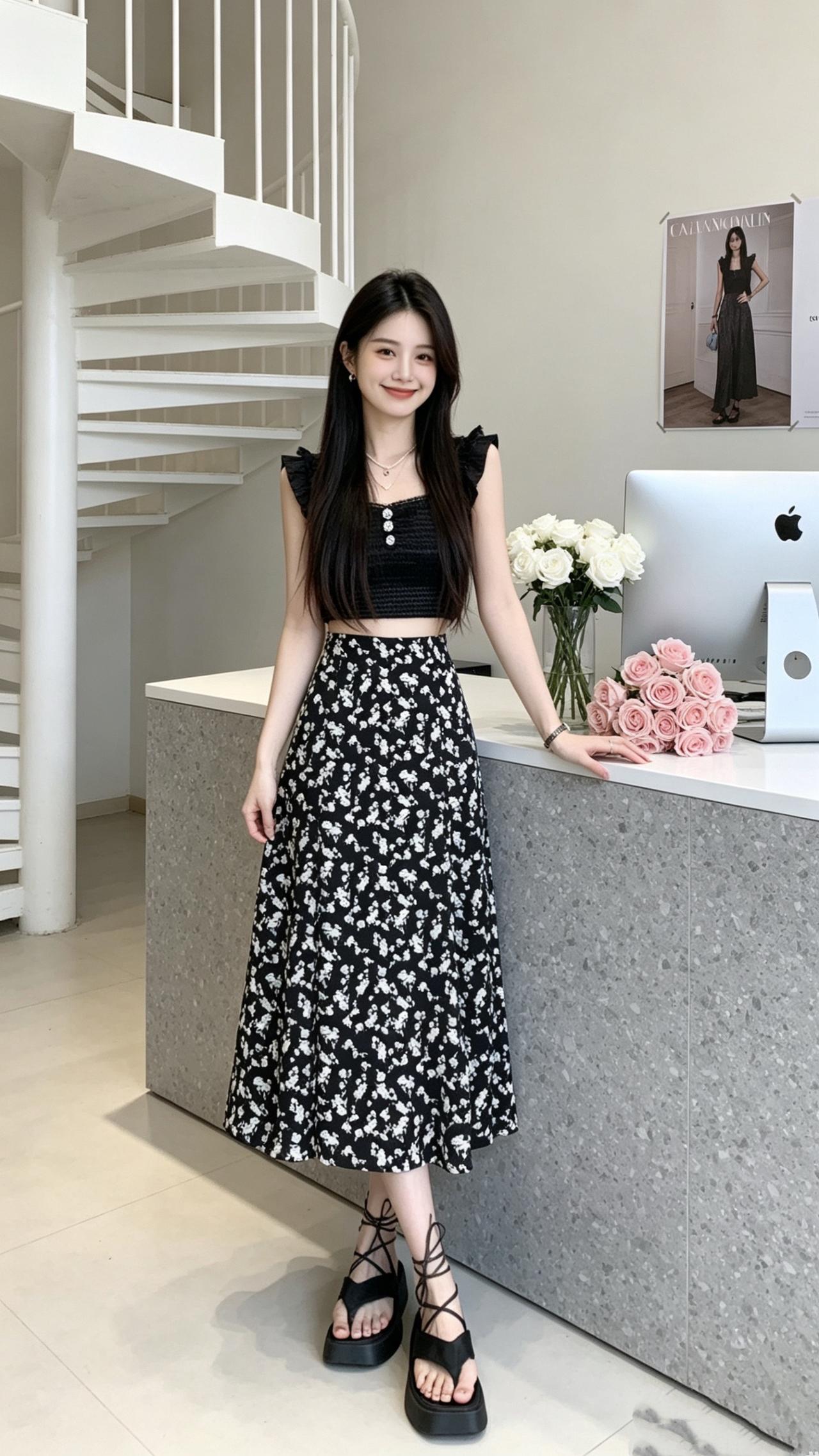 鱼尾裙 高腰显瘦碎花半身裙