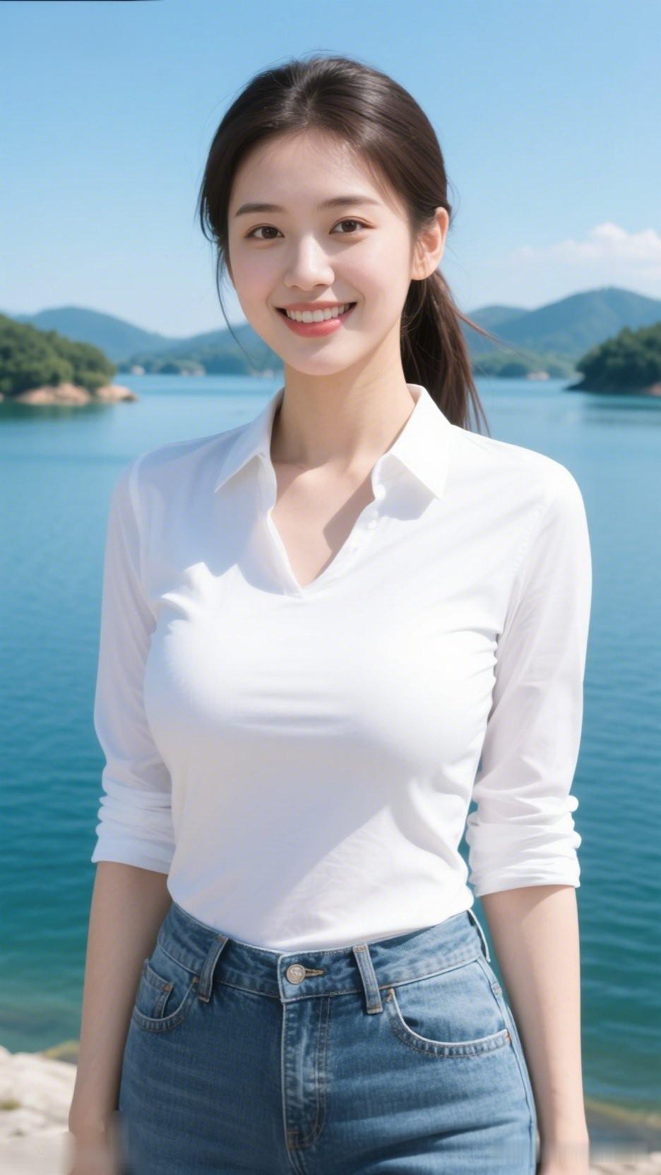 元气少女在湖畔微笑，清新自然，美不胜收！🌞💙👗