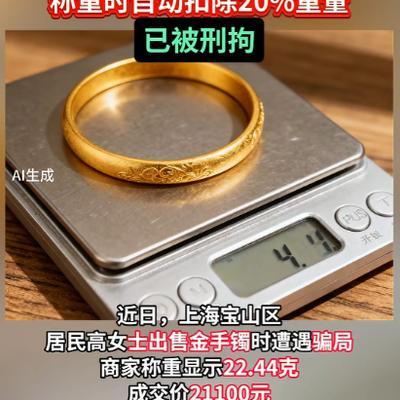 🌙上海，女子拿黄金手镯去金店卖，称重22.44克，卖了21100元，回家后，女