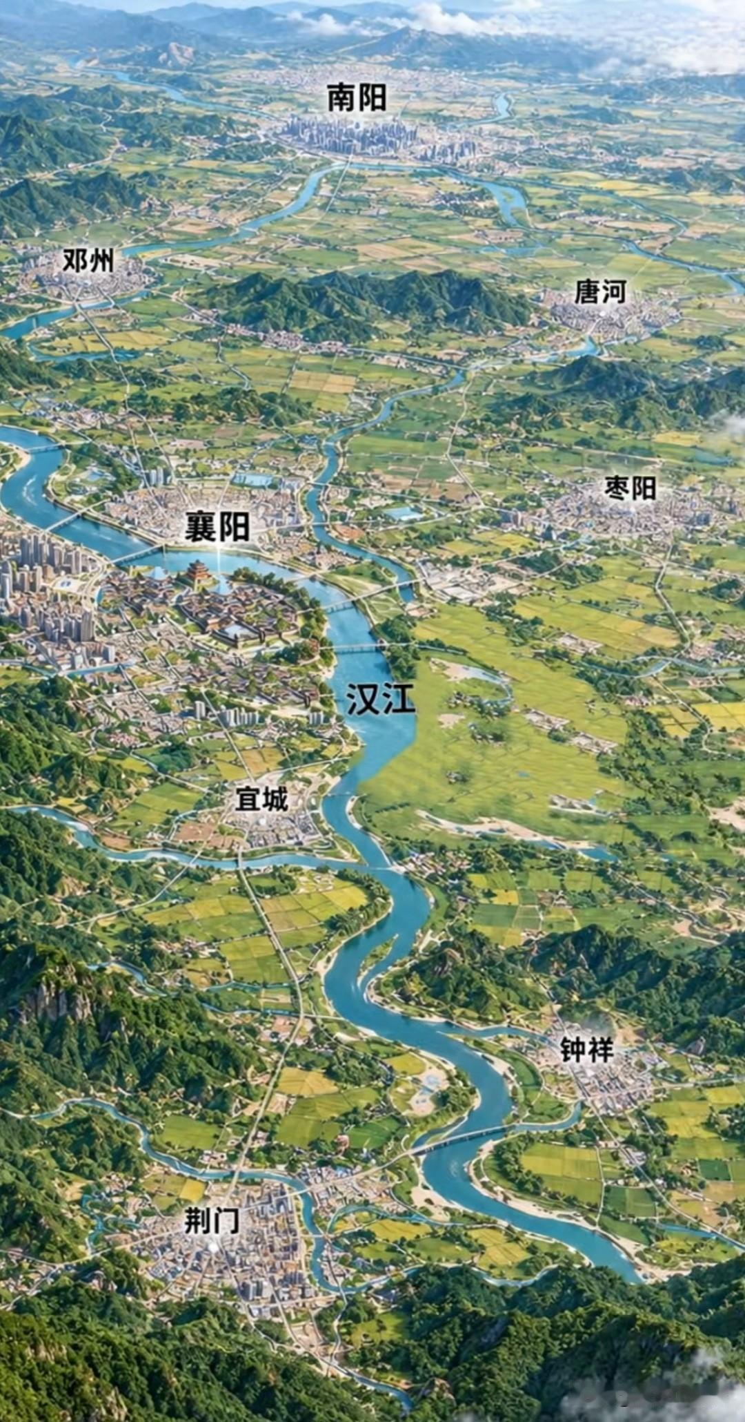 汉江流域：南北襟喉，楚脉长流

铺开这张立体地形图，一条碧蓝长河自北向南蜿蜒舒展
