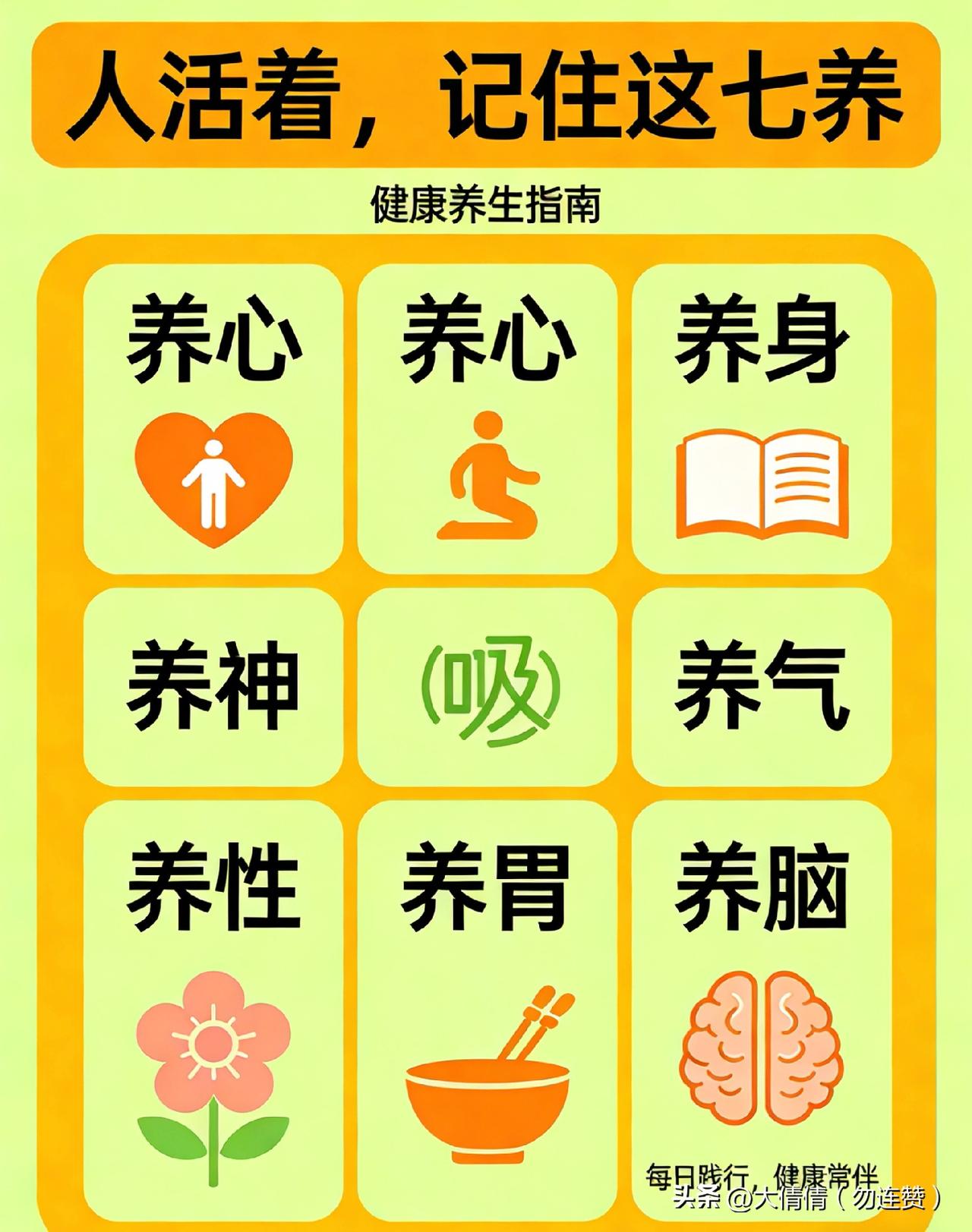 人活着，
记住这七养，

 
胃养：三餐规律，七分饱，肠胃舒服少受罪。
眠养：不