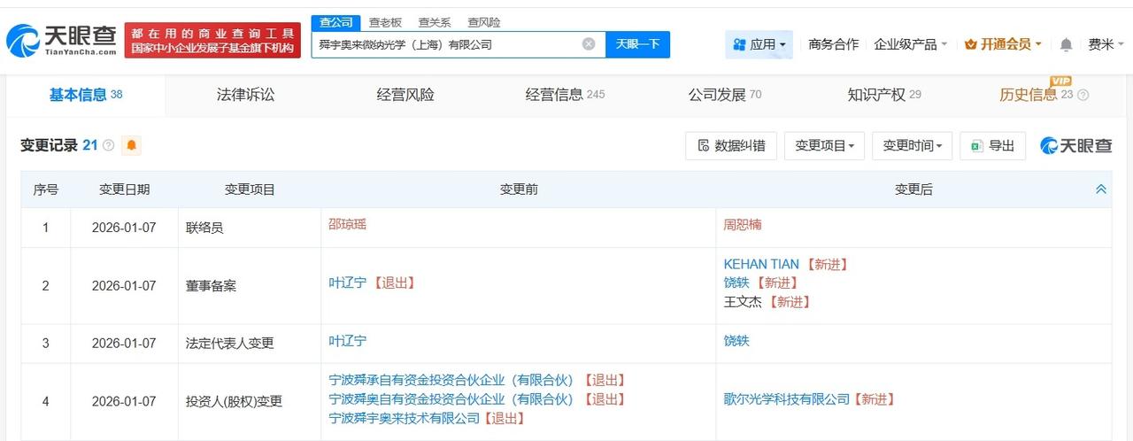 歌尔光学接手舜宇奥来微纳光学公司
歌尔光学再接手舜宇光学旗下一公司
天眼查工商信