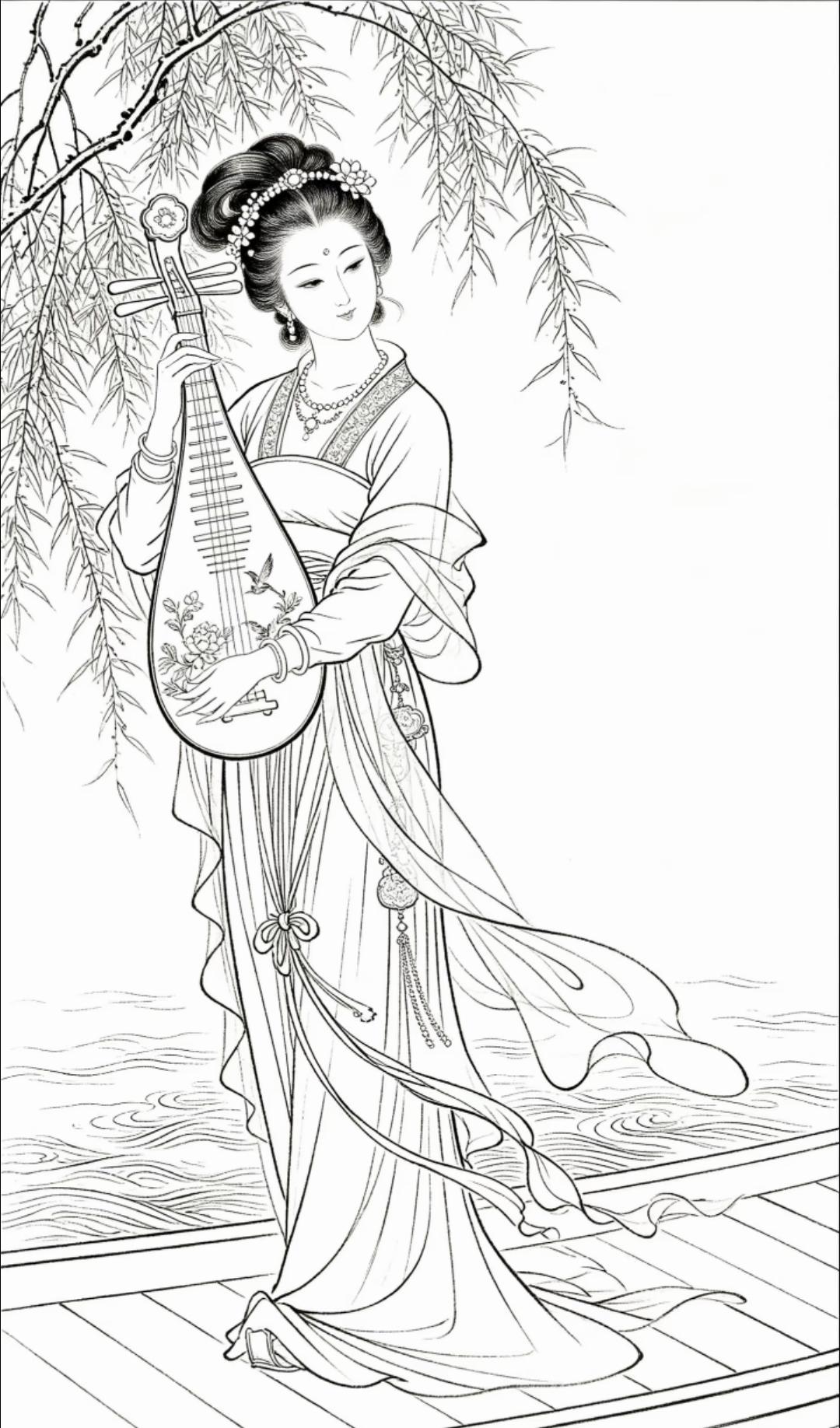 素材|古风仕女弹琵琶线稿
柳下美人弹琵琶，衣袂飘飘如仙子，一曲倾城醉春风，谁人不