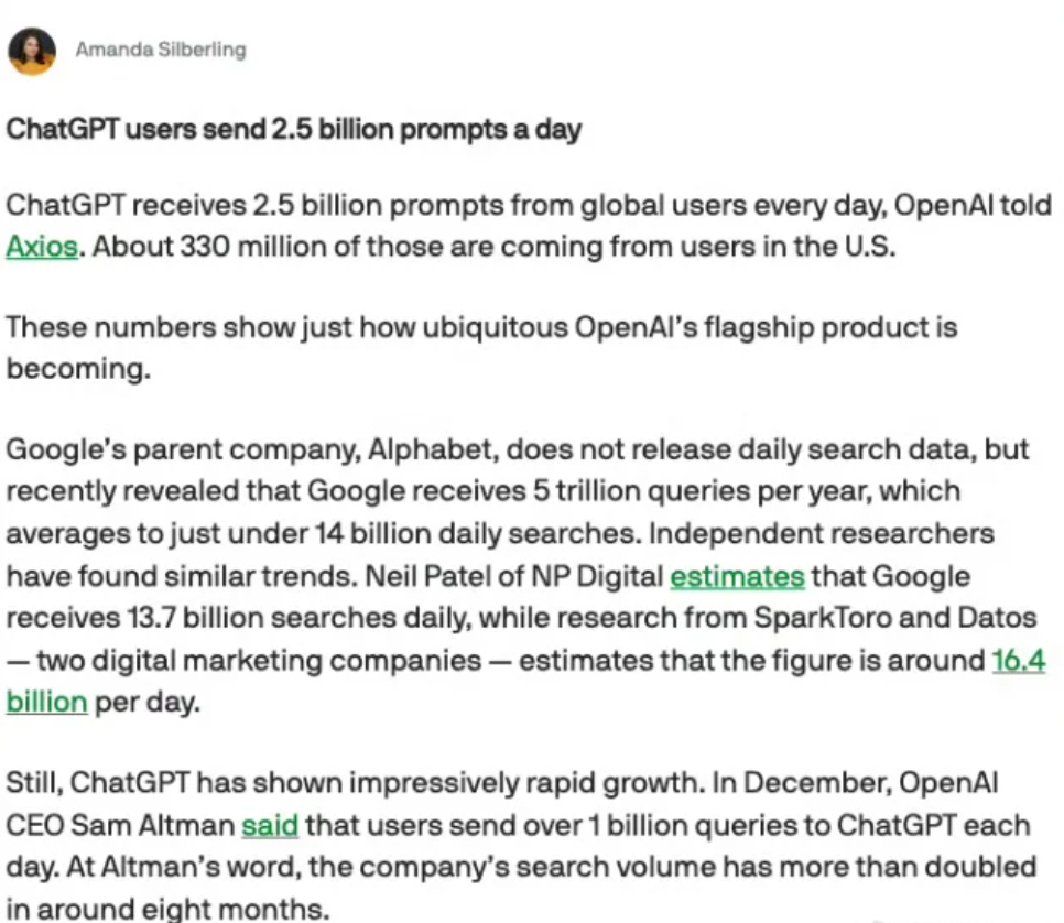 【ChatGPT 日均接收提示词已达 25 亿条】OpenAI 透露：ChatG