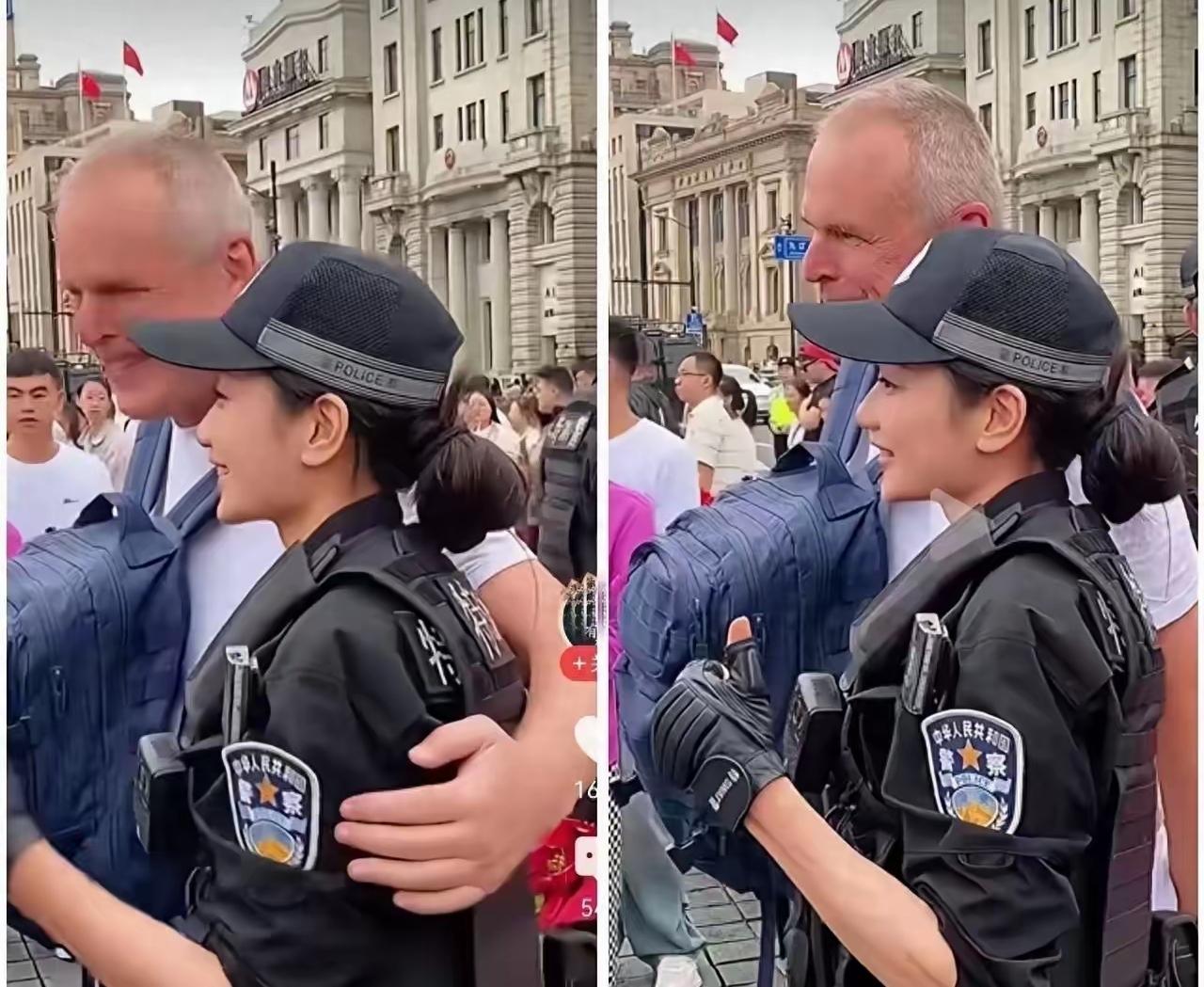 这个老外一点也不“入乡随俗“！
拍照还是搂着“人民女警察”！
是不是想拿照片回去
