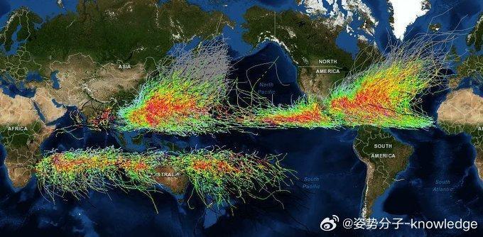 从历年热带气旋的分布图可以看到，世界上的台风、飓风，都完美地避开了赤道。这是因为