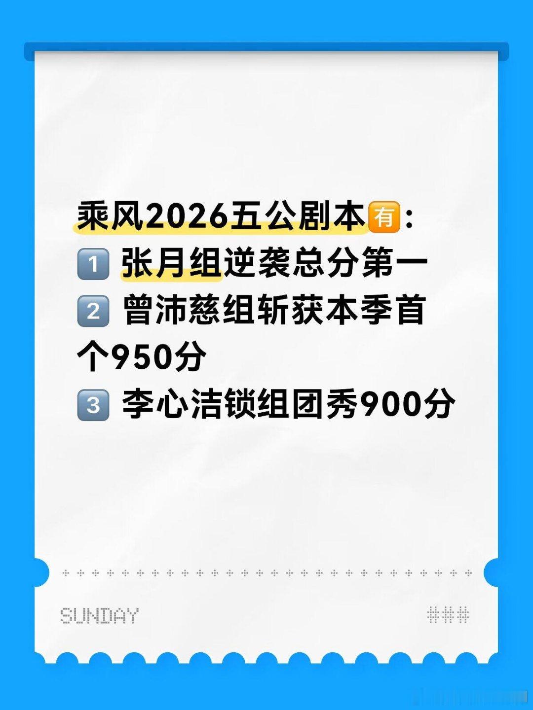 乘风破浪的姐姐乘风2026五公剧本🈶：1️⃣ 张月组逆袭总分第一2️⃣ 曾沛慈
