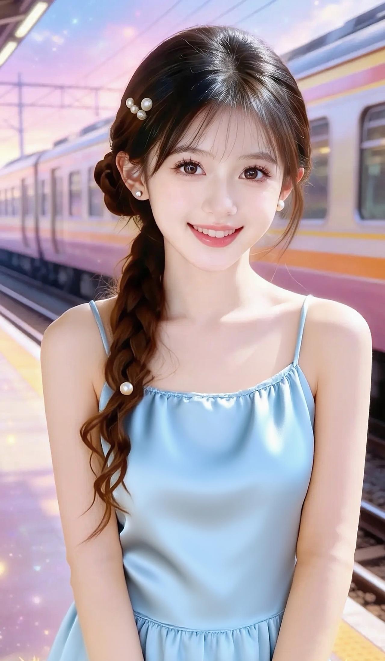 乌黑长发编成温柔的侧麻花辫，点缀珍珠发饰，温婉又灵动。清透妆容衬得眉眼精致，笑容