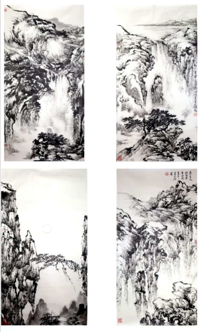 《天桥卧云》峭壁如削，天桥横空，孤松垂枝，月影朦胧。水墨勾勒的奇险之境，藏着“通