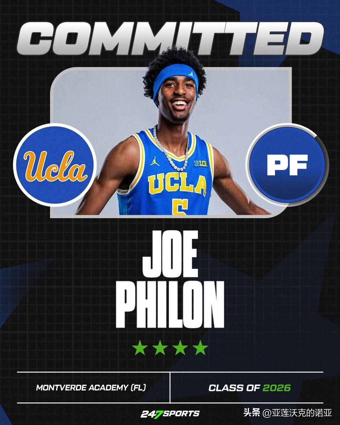 四星前锋Joe Philon宣布承诺NCAA男篮 UCLA，表示能进入UCLA这