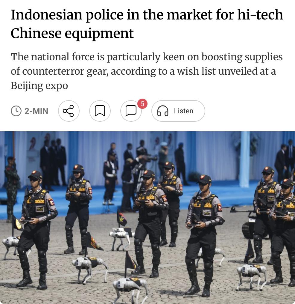 外媒：印度尼西亚警方正考虑从中国采购高科技警用装备，相关需求清单在北京一场警用装