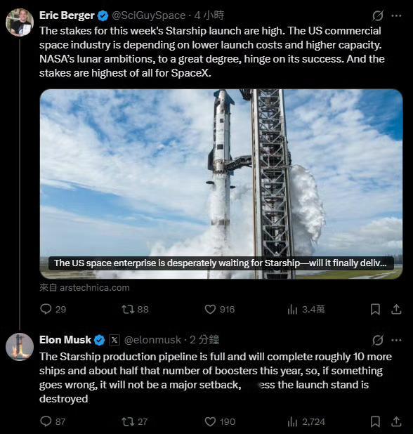 实力！【航天 Elon Musk马斯克  表示，今年星舰Starship 产能可