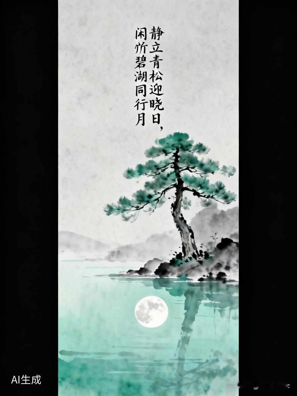 “静立青松迎晓日，闲斿碧湖同行月”，这画面太美啦。青松静静伫立，迎接清晨第一缕阳