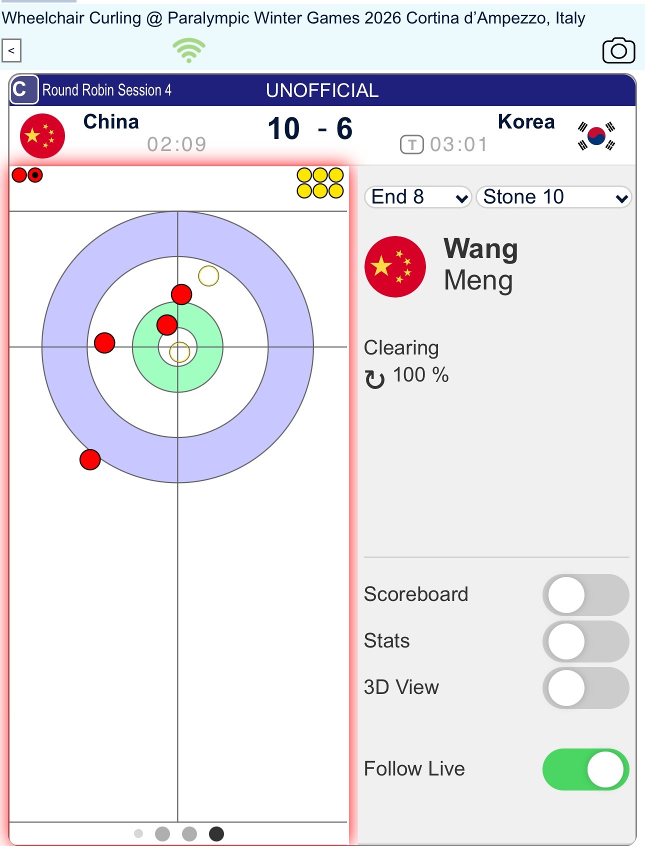 【奥运冰壶】轮椅冰壶混双循环赛，第八局中国最后一投双飞漂亮，中国10-6韩国，四