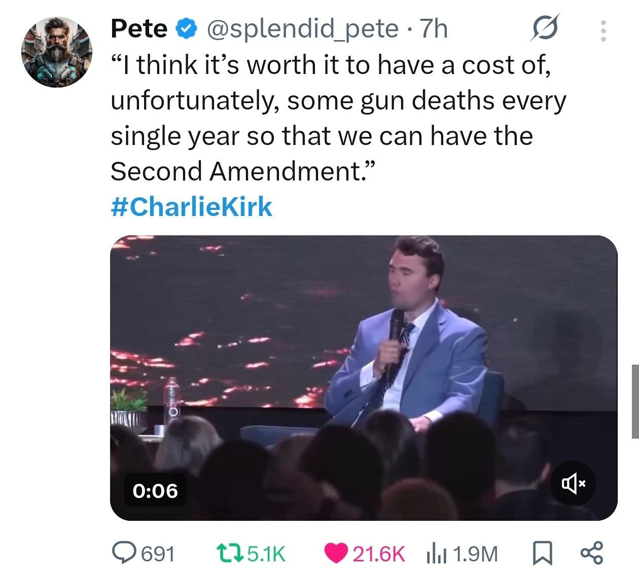 Charlie Kirk是第二修正案的坚定支持者，他甚至说为了有持枪权，每年死一