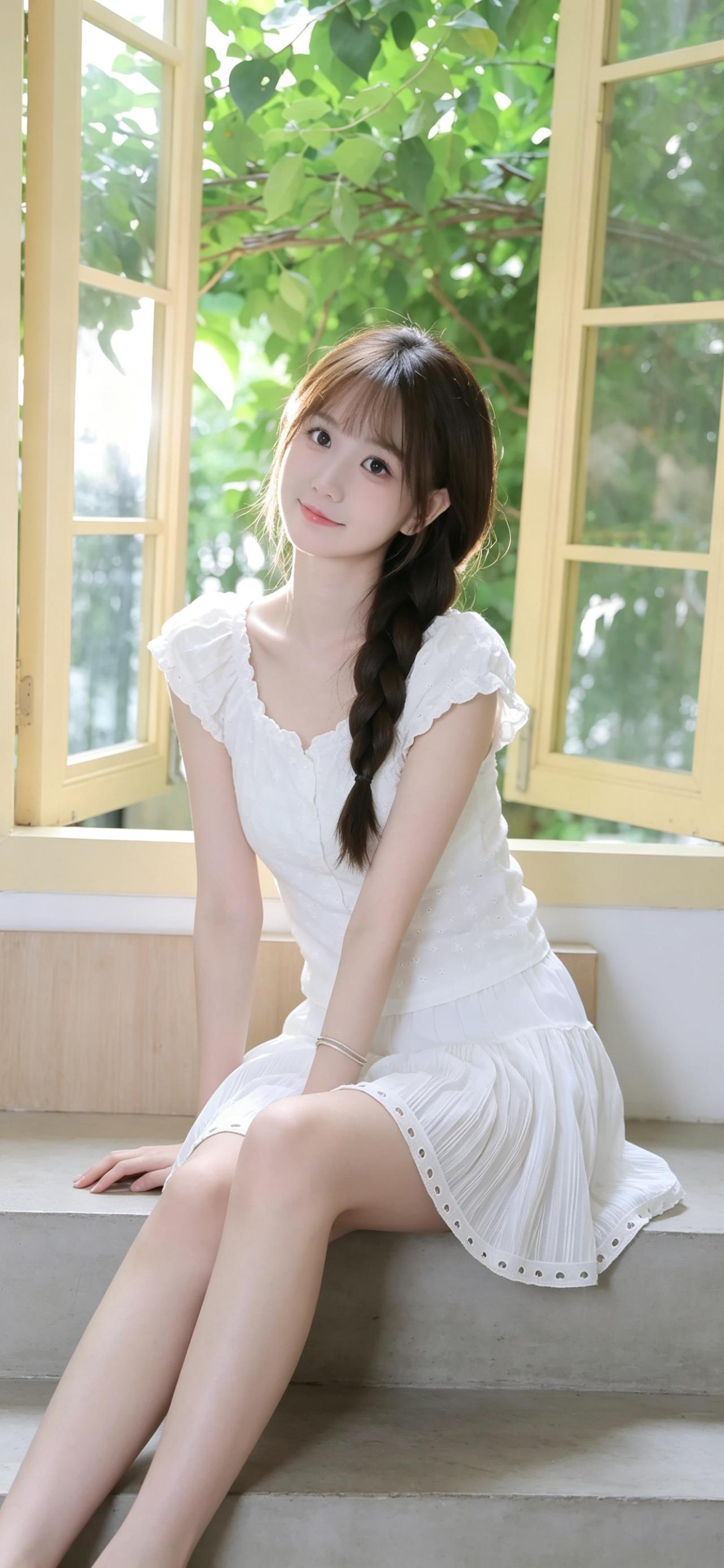 窗边随拍｜夏日纯欲白裙套装
暖调窗边绿意作衬，白色镂空泡泡袖上衣搭配百褶短裙，自