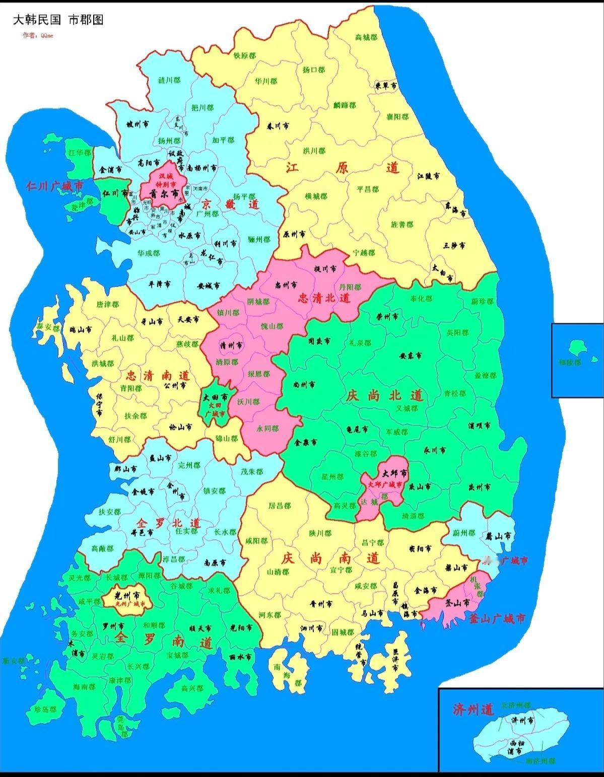 韩国行政划分图：国土面积大约10万平方公里，一级行政区（相当于我国省）共有17个