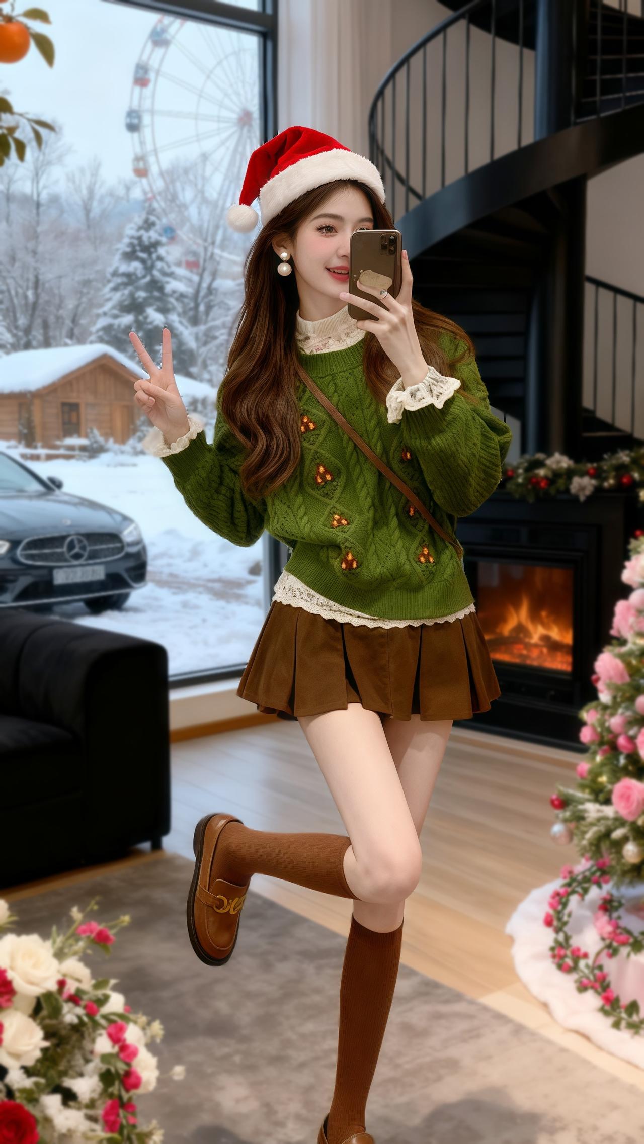 圣诞氛围直接焊在身上～ 这套韩系三件套也太懂女生了吧！复古绿色麻花毛衣软糯厚实，