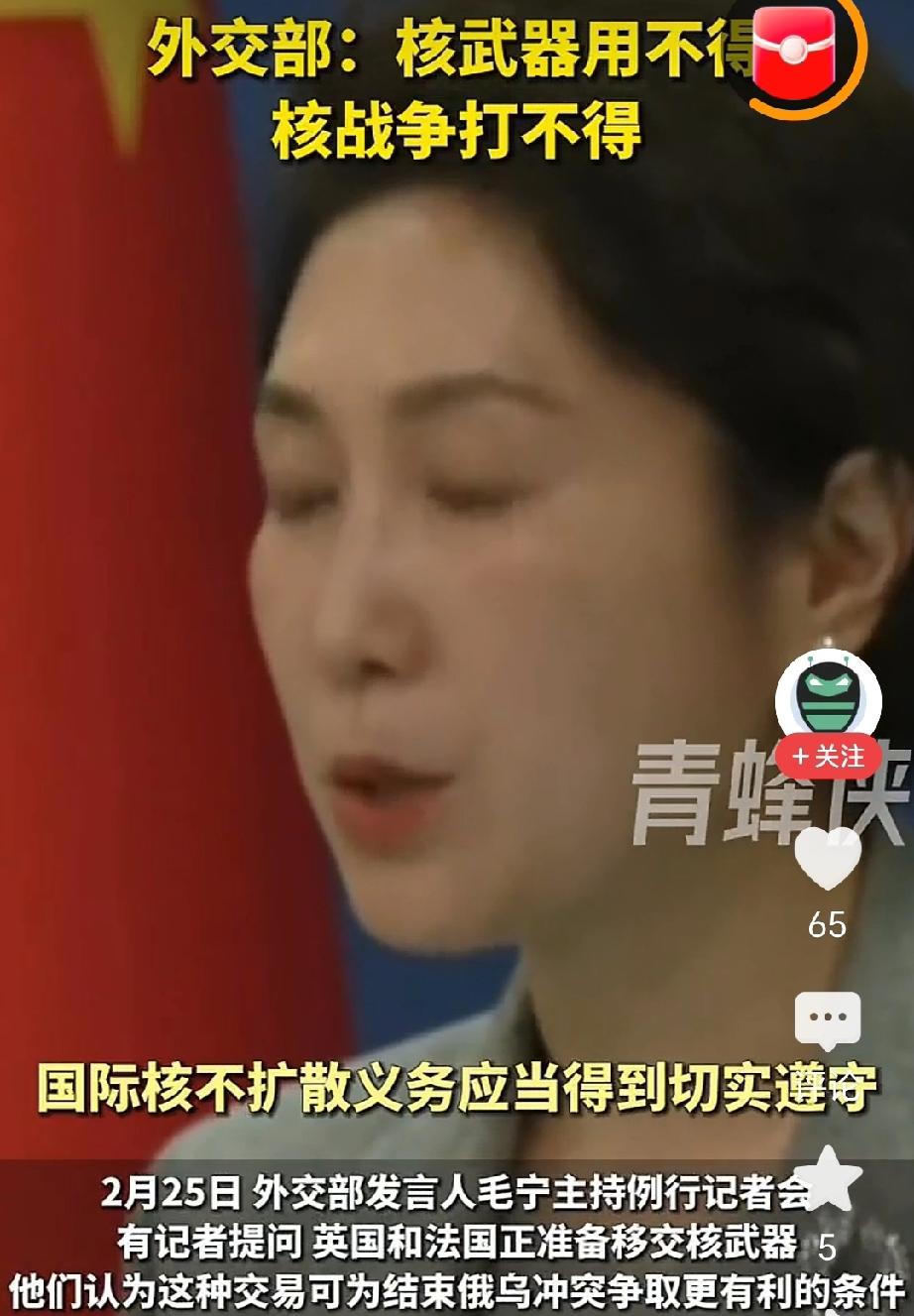 外交部今天重申：核武器用不得，核战争打不得。
 
今天外交部例行记者会上，有记者