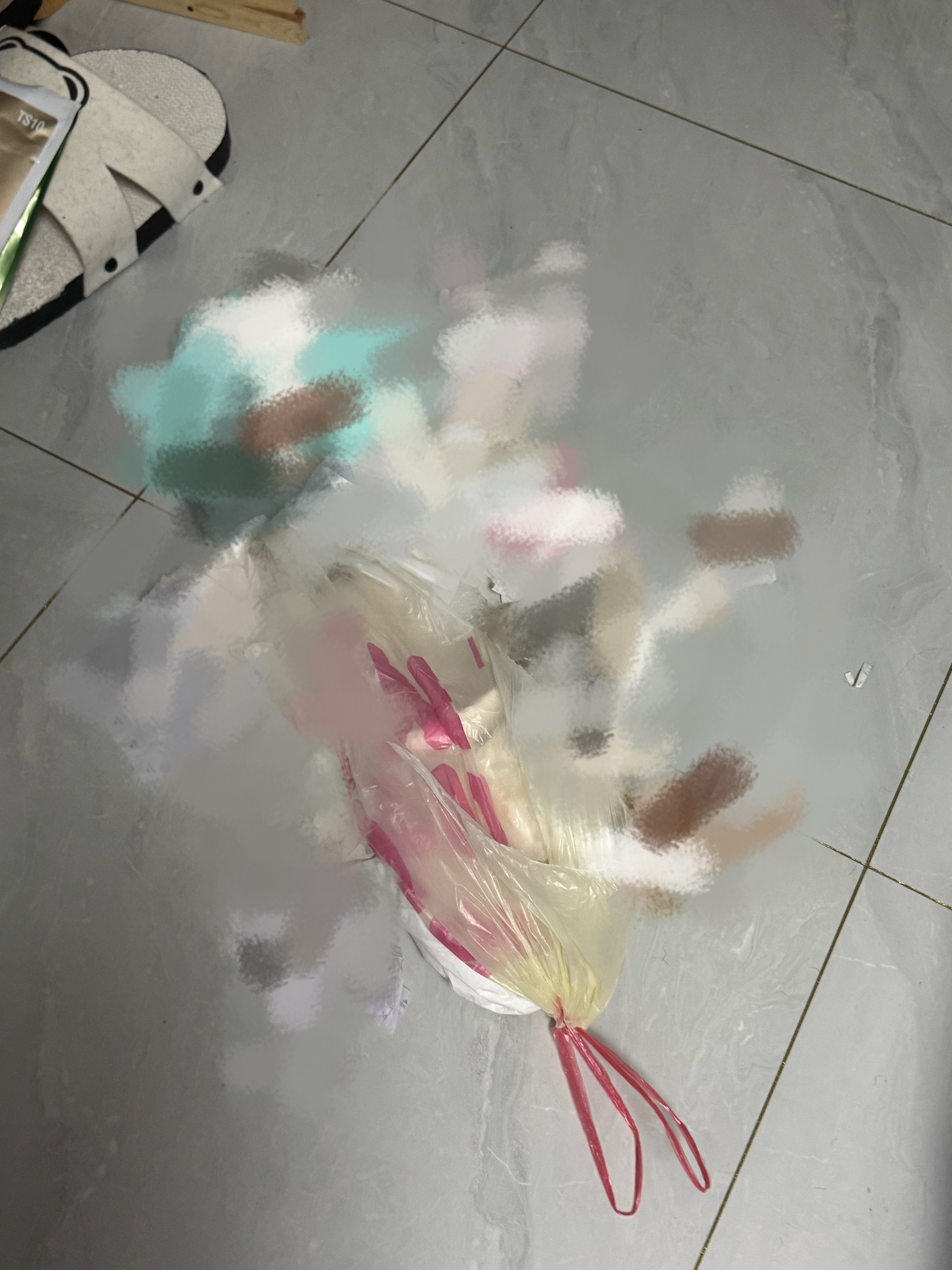昨天才吐槽现在的垃圾袋质量差……今天走到客厅就给我整个爆掉……里面都是噗噗的尿垫