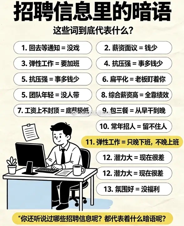 盘点招聘信息里的一些暗语（正确未知）1. 回去等通知 = 没戏2. 薪资面议 =