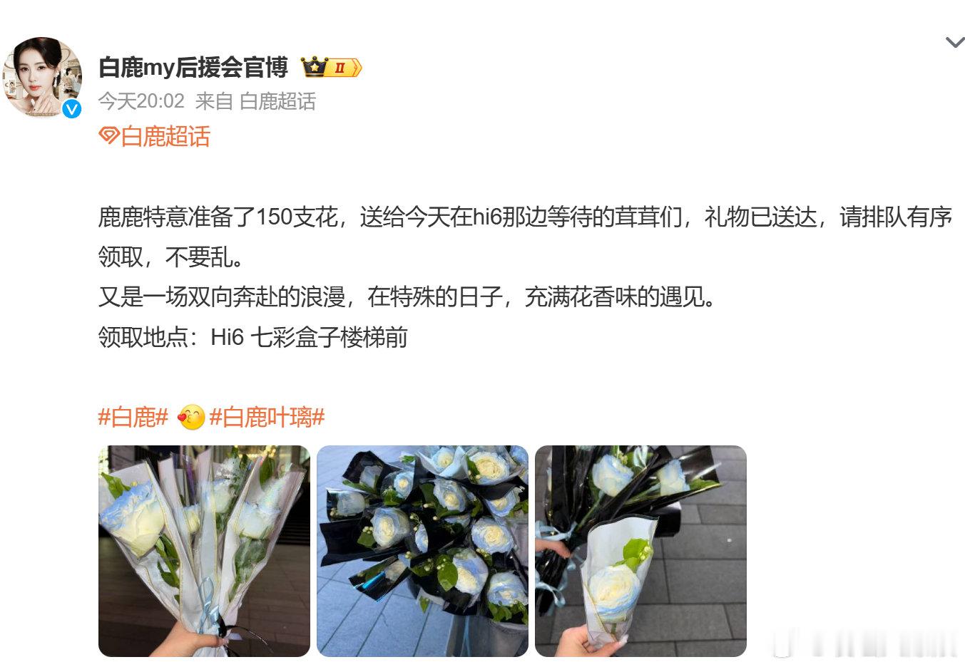 白鹿特意为hi6应援粉丝准备了150支花啊啊啊啊白鹿你也太好了吧！！150支花说