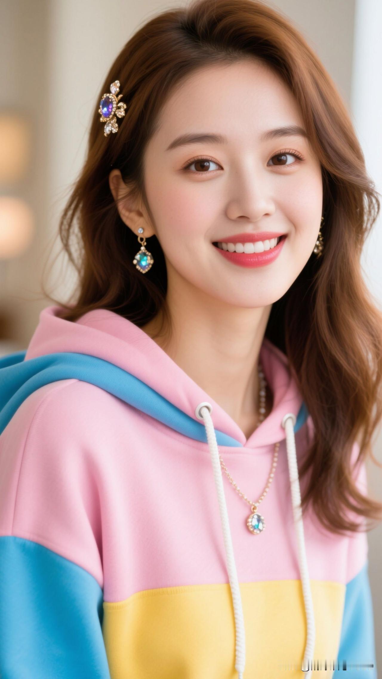 💎 彩宝在发间跳成星子，撞色衣褶盛着夏的甜，笑意漫开时，整个空气都成了浪漫的糖