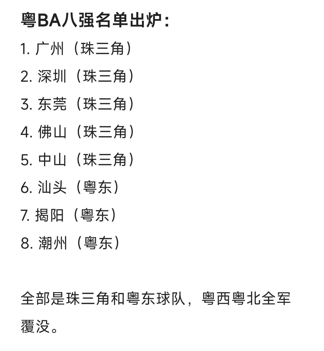 最新粤BA八强球队名单出炉：
1. 广州（珠三角）
2. 深圳（珠三角）
3. 