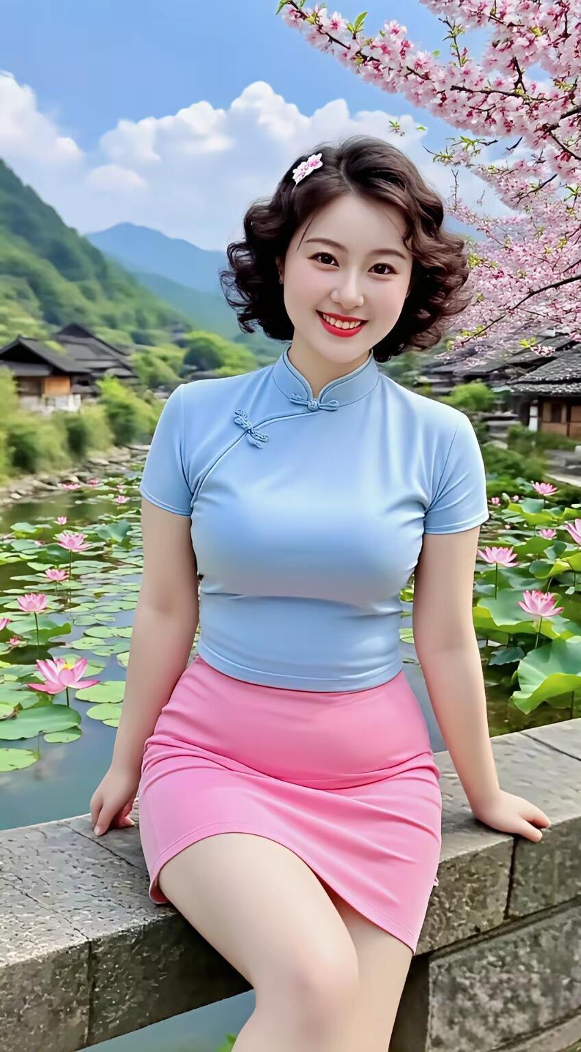 春日游园，粉裙飘逸，笑靥如花