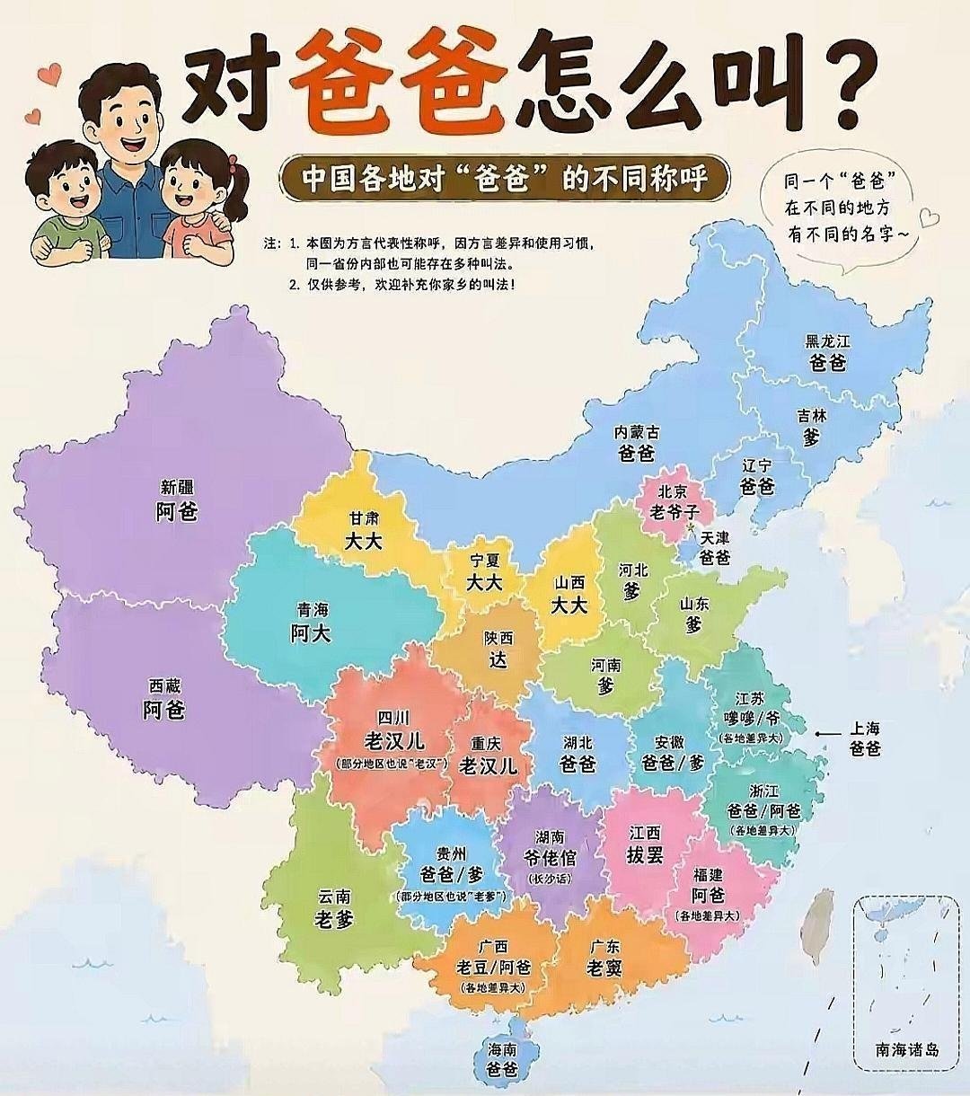 记录者超话[超话]记录者超话中国各省份对“爸爸”的称呼，差别还是挺大的。 ​​​