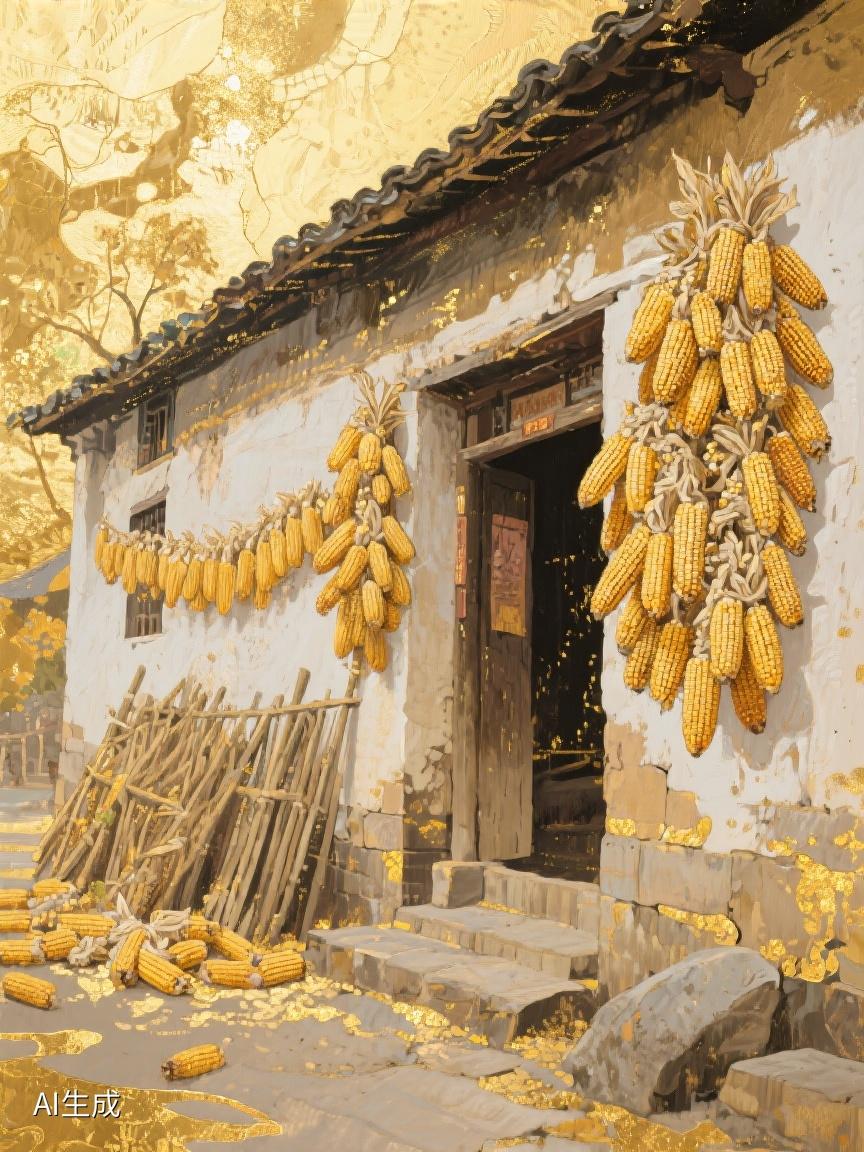 AI妙生图金黄铺满老屋，玉米串起岁月。旧时光里，藏着质朴的温暖与静谧。