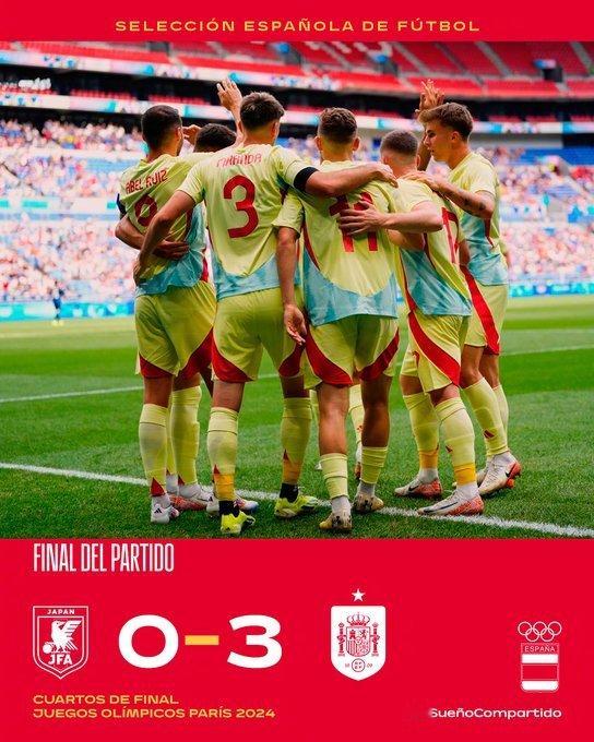 西班牙获胜！西班牙男子奥林匹克队以 0-3 赢得比赛， 获得奥运会男足半决赛席位