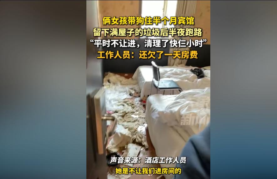 陕西咸阳，俩年轻女孩带狗住酒店，期间不让保洁进入，半个月后，带狗连夜跑路，留下满