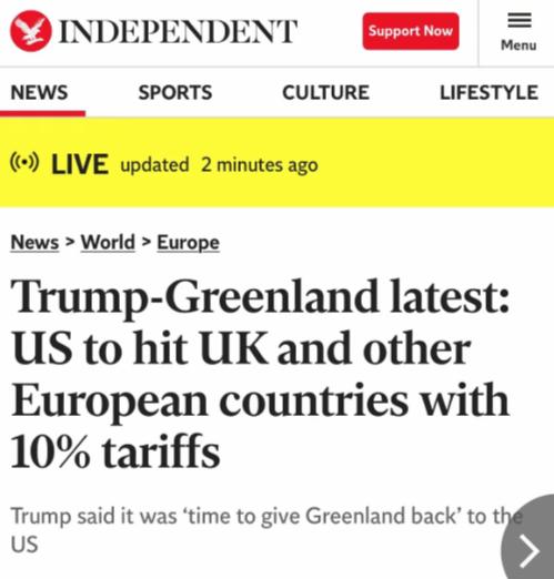 突发：特郎普宣布，自2月1日起，将对丹麦、挪威、瑞典、法国、德国、英国、荷兰和芬