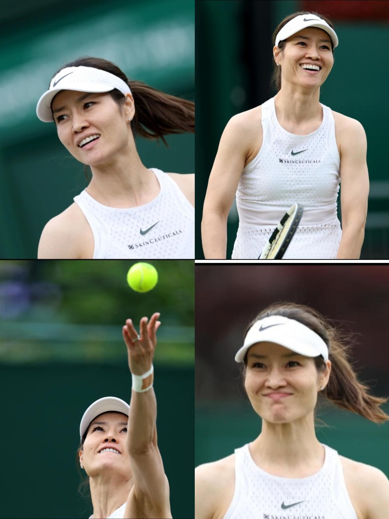 网球元老赛复出的李娜！
     年轻如旧、美貌依然、笑容灿烂，唯一改变的是肤色