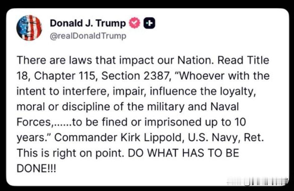 川普引用联邦法，警告那些鼓动军队不听他命令的人，最高可判处10年监禁。

“有些