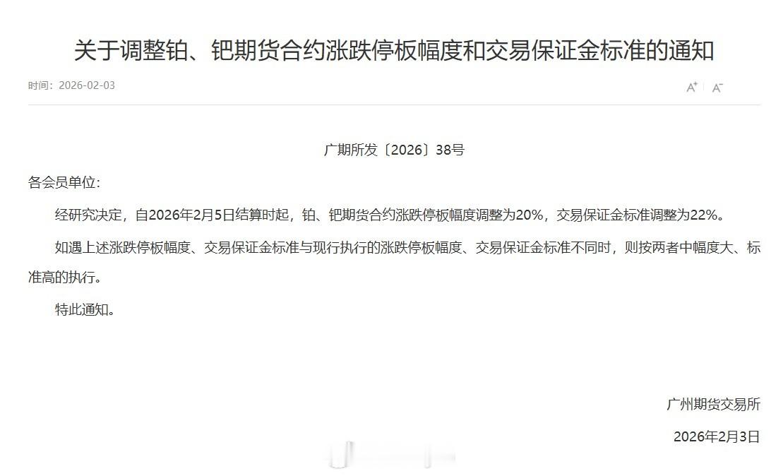 广期所公告：经研究决定，自2026年2月5日结算时起，铂、钯期货合约涨跌停板幅度