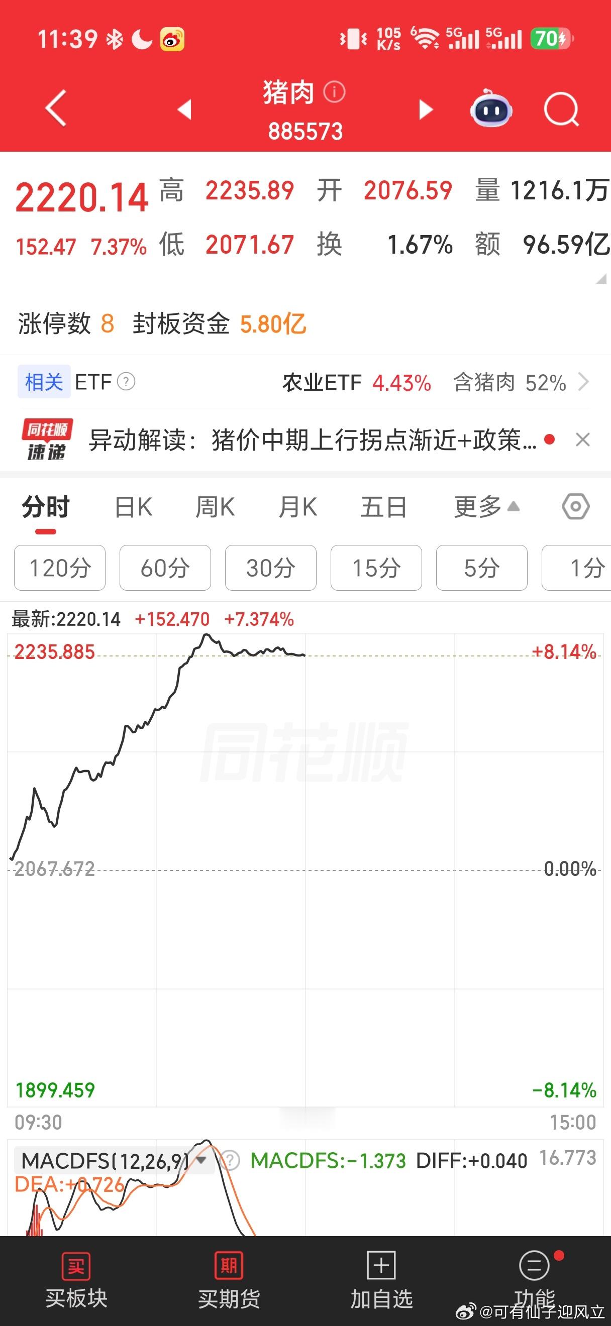 今天有很多低位板块大涨，农业，猪肉这种都有了反转。 