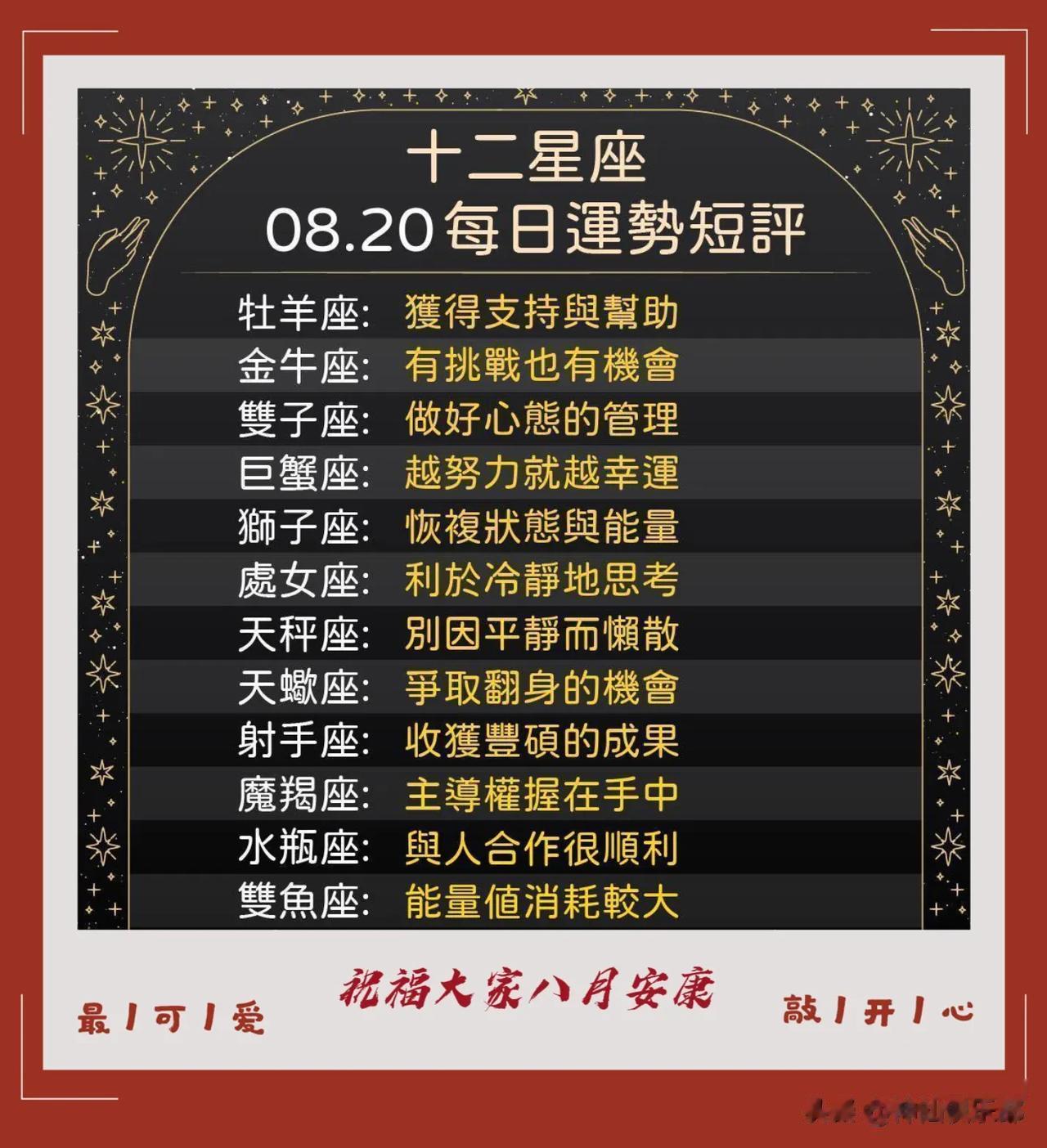 12星座八月二十日运势短评
祝福大家周末愉快安康！

  